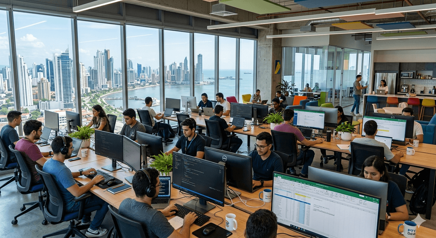 Equipo de trabajo colaborativo en oficina moderna con vista a la ciudad